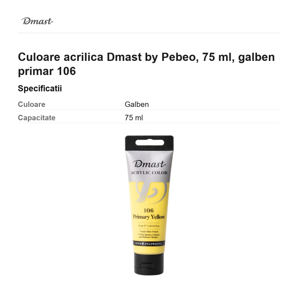 Culoare acrilica Dmast by Pebeo, 75 ml, galben primar 106 [3]