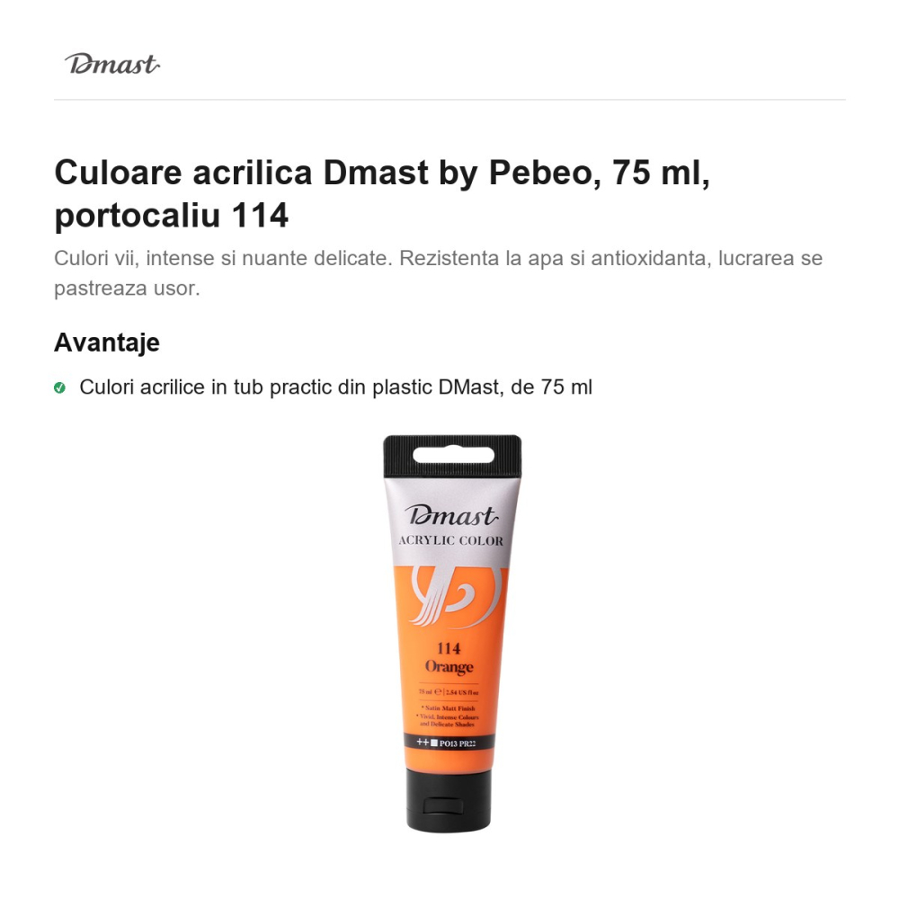 Culoare acrilica Dmast by Pebeo, 75 ml, portocaliu 114 [2]