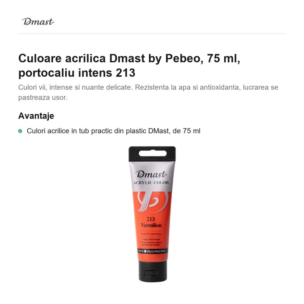 Culoare acrilica Dmast by Pebeo, 75 ml, portocaliu intens 213 [2]
