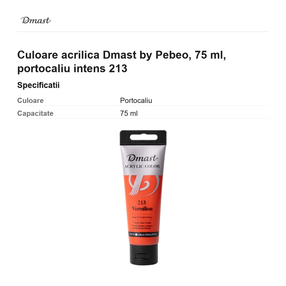 Culoare acrilica Dmast by Pebeo, 75 ml, portocaliu intens 213 [3]
