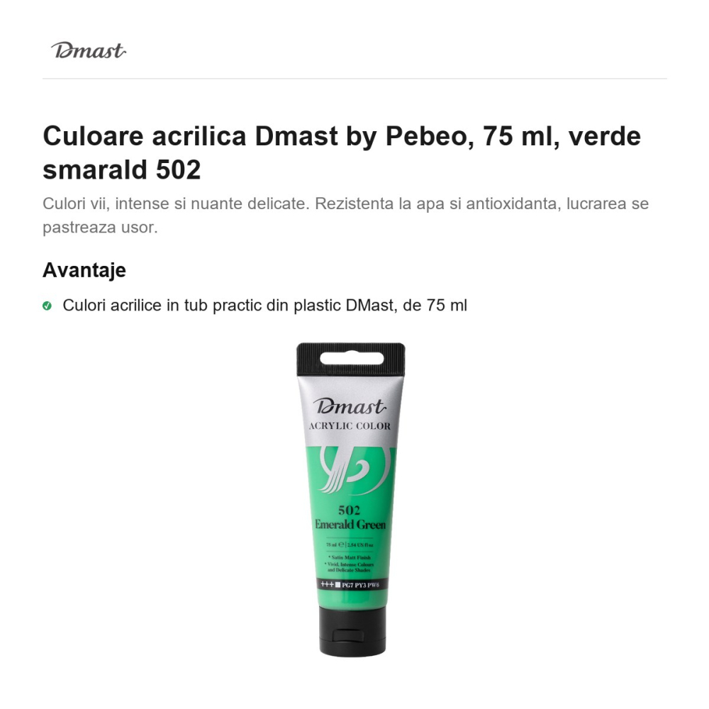 Culoare acrilica Dmast by Pebeo, 75 ml, verde smarald 502 [2]