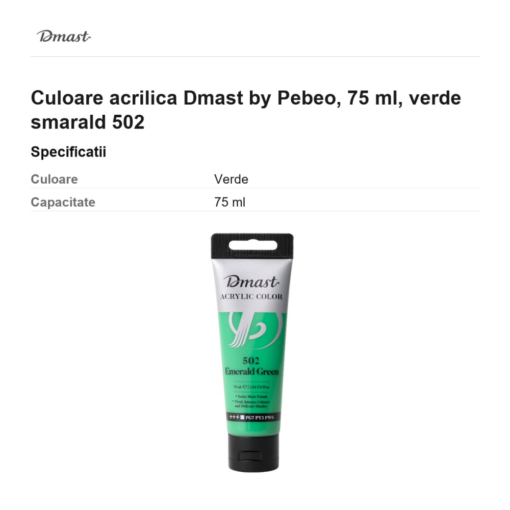Culoare acrilica Dmast by Pebeo, 75 ml, verde smarald 502 [3]