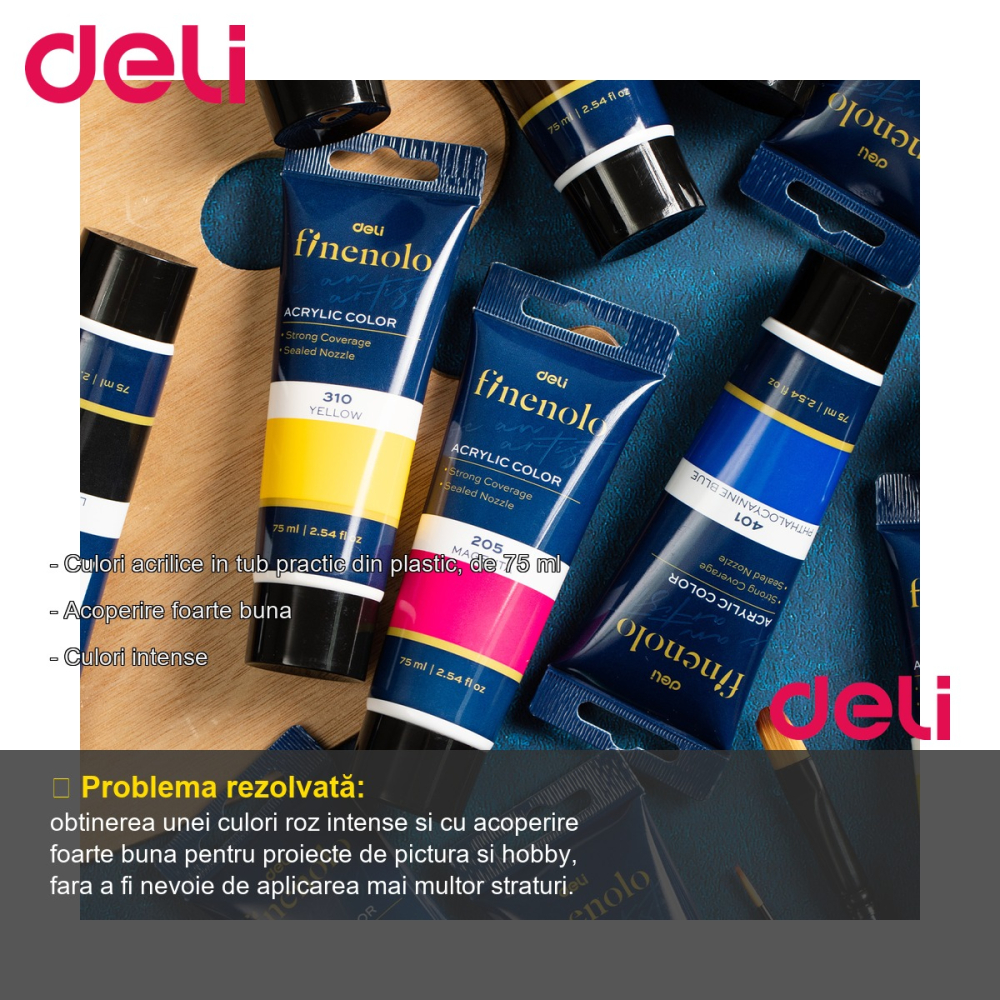 Culoare acrilica in tub Deli, 75 ml, roz intens, acoperire foarte buna, pentru pictura si hobby [2]