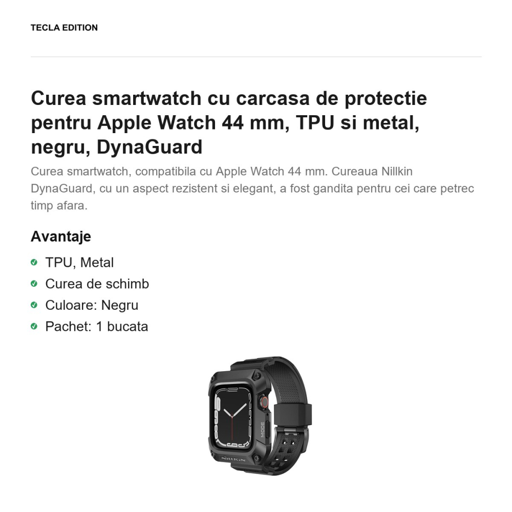 Curea smartwatch cu carcasa de protectie pentru Apple Watch 44 mm, TPU si metal, negru, DynaGuard [2]