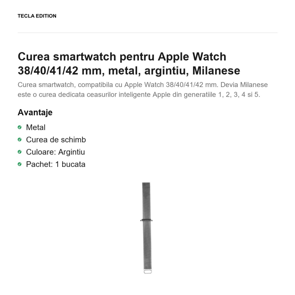 Curea smartwatch pentru Apple Watch 38/40/41/42 mm, metal, argintiu, Milanese [2]