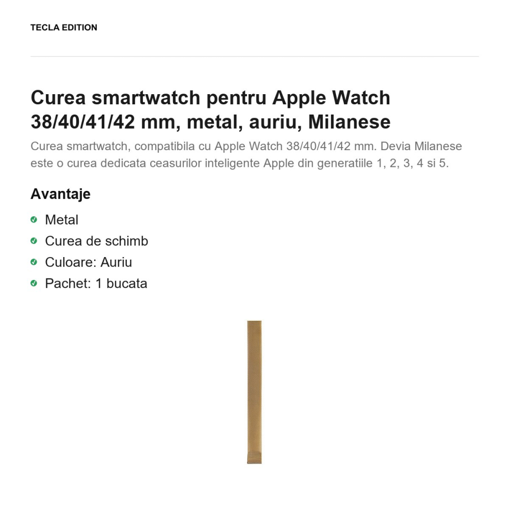 Curea smartwatch pentru Apple Watch 38/40/41/42 mm, metal, auriu, Milanese [2]
