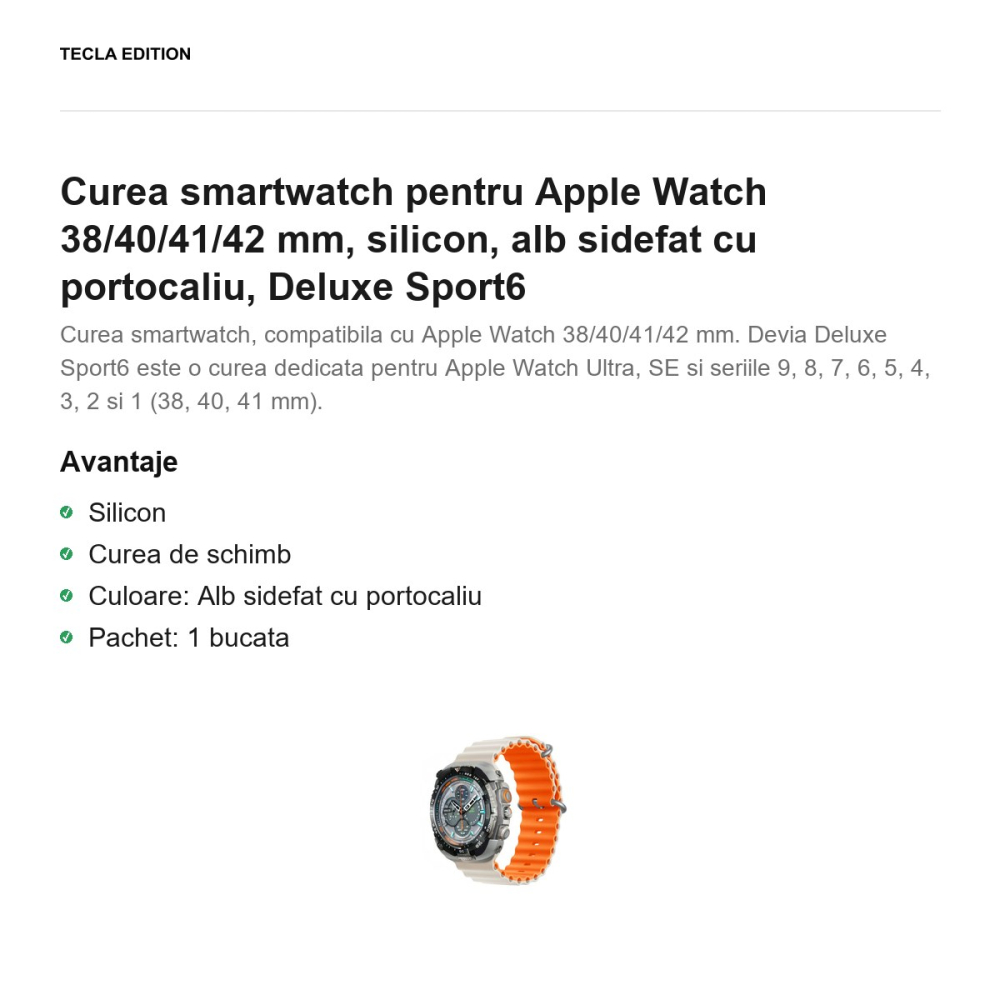 Curea smartwatch pentru Apple Watch 38/40/41/42 mm, silicon, alb sidefat cu portocaliu, Deluxe Sport6 [2]