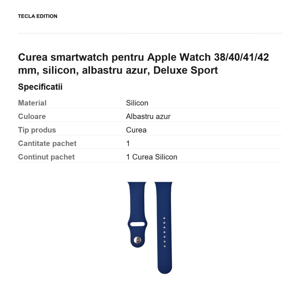 Curea smartwatch pentru Apple Watch 38/40/41/42 mm, silicon, albastru azur, Deluxe Sport [3]