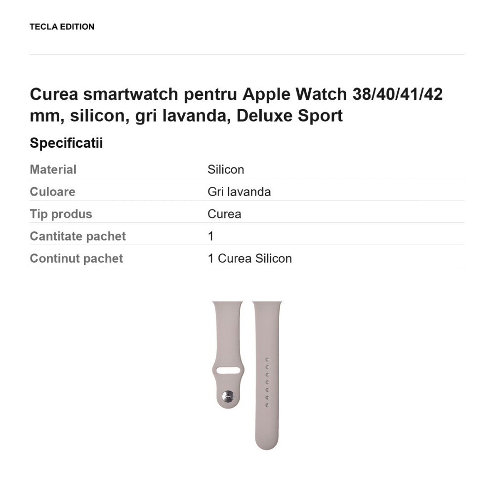 Curea smartwatch pentru Apple Watch 38/40/41/42 mm, silicon, gri lavanda, Deluxe Sport [3]