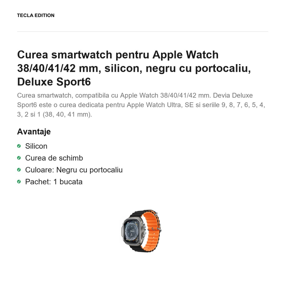Curea smartwatch pentru Apple Watch 38/40/41/42 mm, silicon, negru cu portocaliu, Deluxe Sport6 [2]