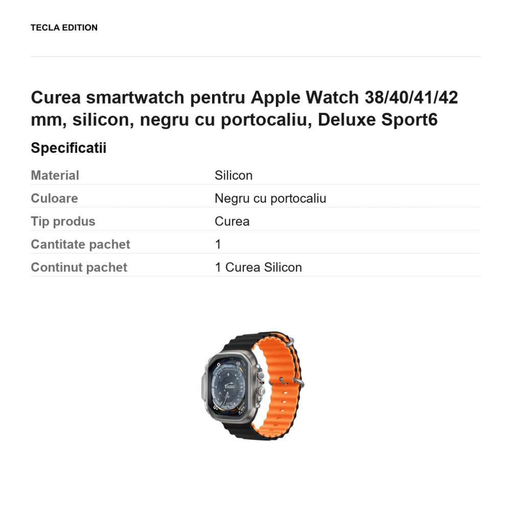 Curea smartwatch pentru Apple Watch 38/40/41/42 mm, silicon, negru cu portocaliu, Deluxe Sport6 [3]