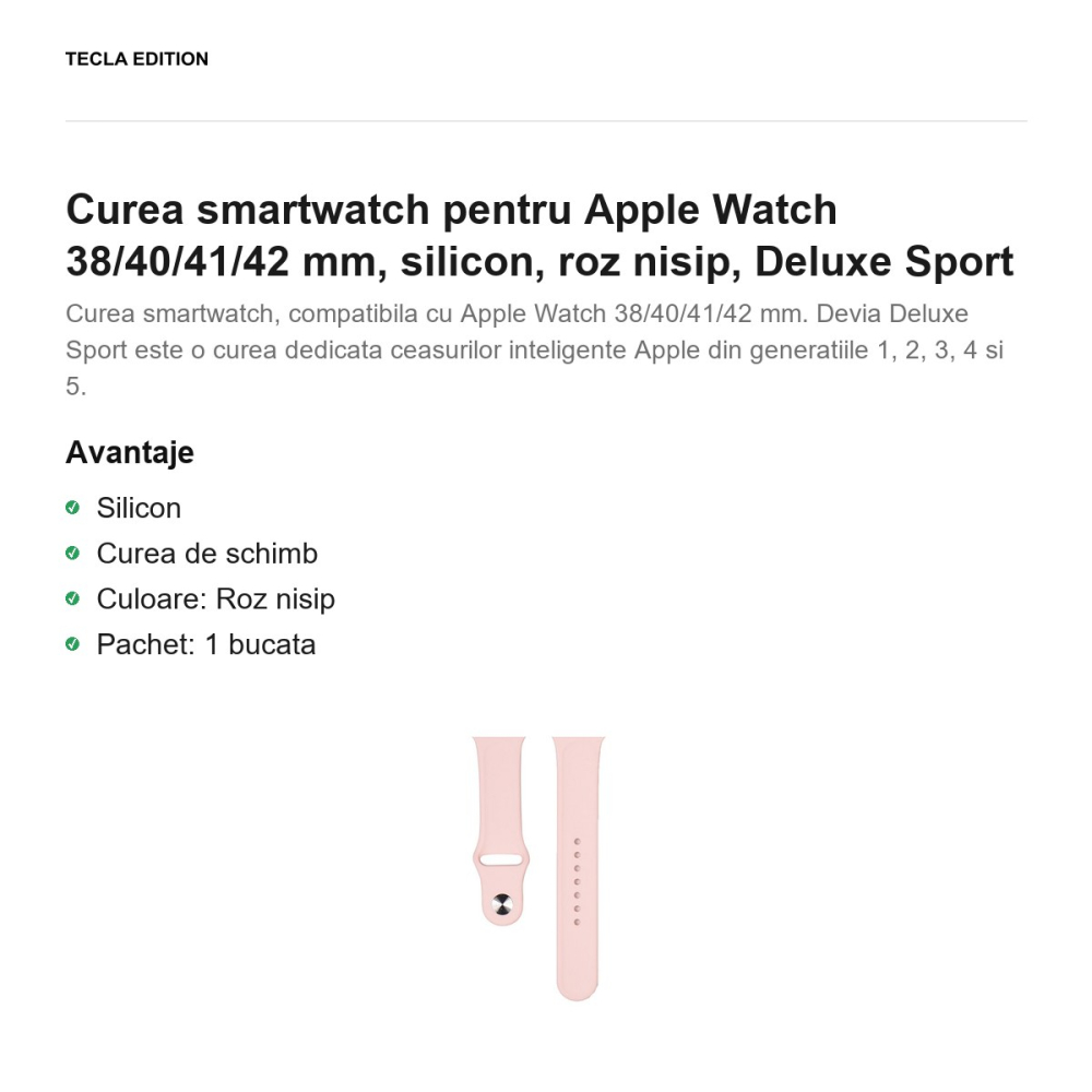 Curea smartwatch pentru Apple Watch 38/40/41/42 mm, silicon, roz nisip, Deluxe Sport [2]