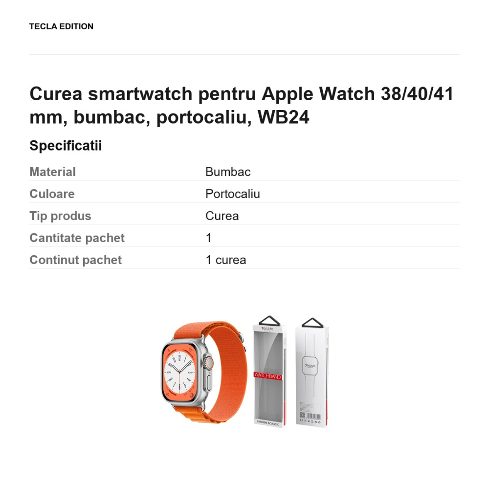 Curea smartwatch pentru Apple Watch 38/40/41 mm, bumbac, portocaliu, WB24 [3]