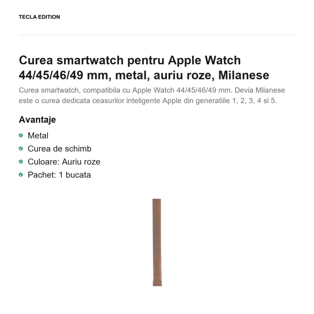 Curea smartwatch pentru Apple Watch 44/45/46/49 mm, metal, auriu roze, Milanese [2]