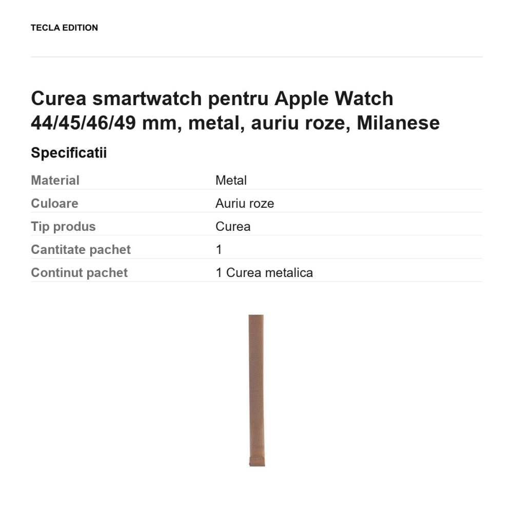 Curea smartwatch pentru Apple Watch 44/45/46/49 mm, metal, auriu roze, Milanese [3]