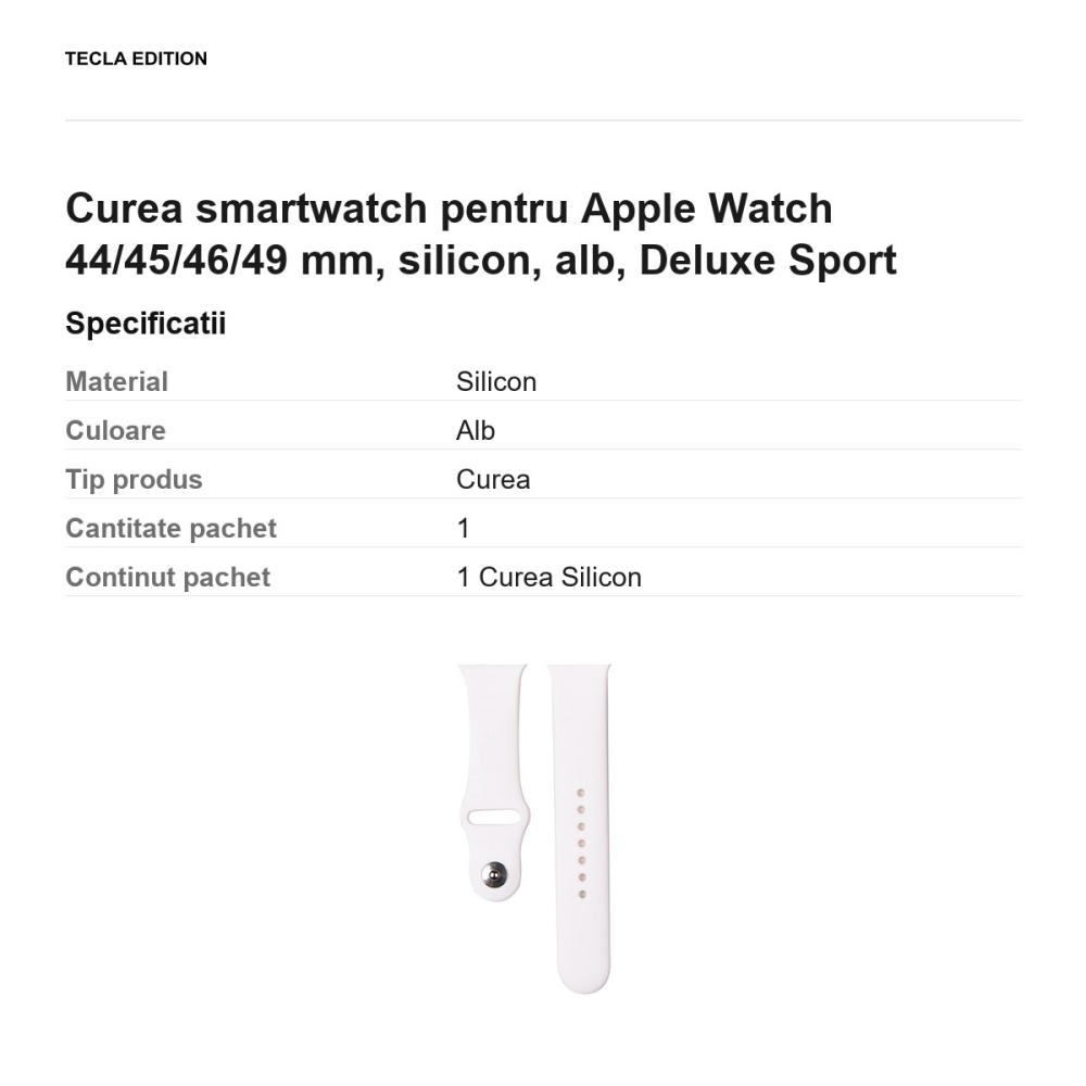 Curea smartwatch pentru Apple Watch 44/45/46/49 mm, silicon, alb, Deluxe Sport [3]