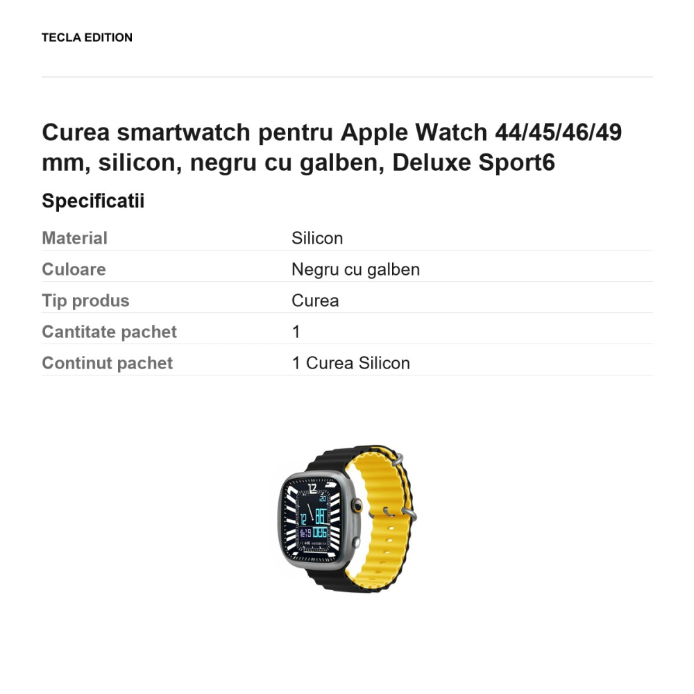Curea smartwatch pentru Apple Watch 44/45/46/49 mm, silicon, negru cu galben, Deluxe Sport6 [3]