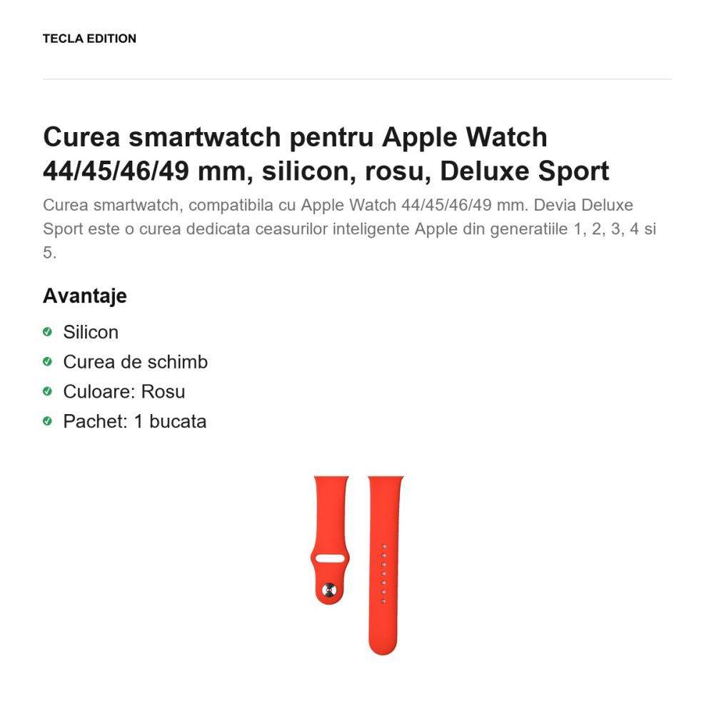 Curea smartwatch pentru Apple Watch 44/45/46/49 mm, silicon, rosu, Deluxe Sport [2]