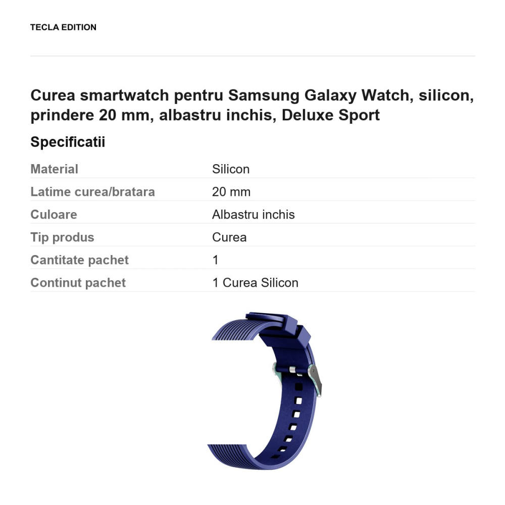 Curea smartwatch pentru Samsung Galaxy Watch, silicon, prindere 20 mm, albastru inchis, Deluxe Sport [3]