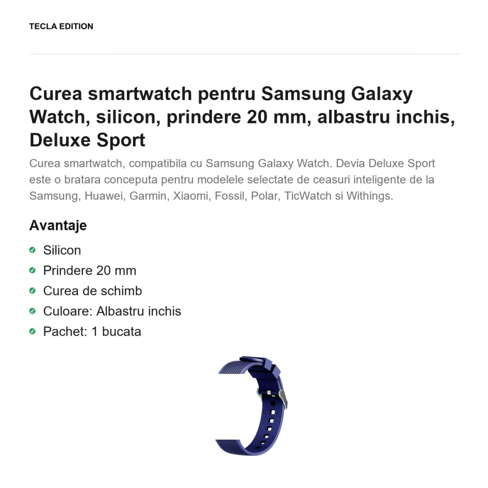 Curea smartwatch pentru Samsung Galaxy Watch, silicon, prindere 20 mm, albastru inchis, Deluxe Sport [2]