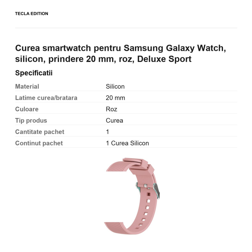 Curea smartwatch pentru Samsung Galaxy Watch, silicon, prindere 20 mm, roz, Deluxe Sport [3]