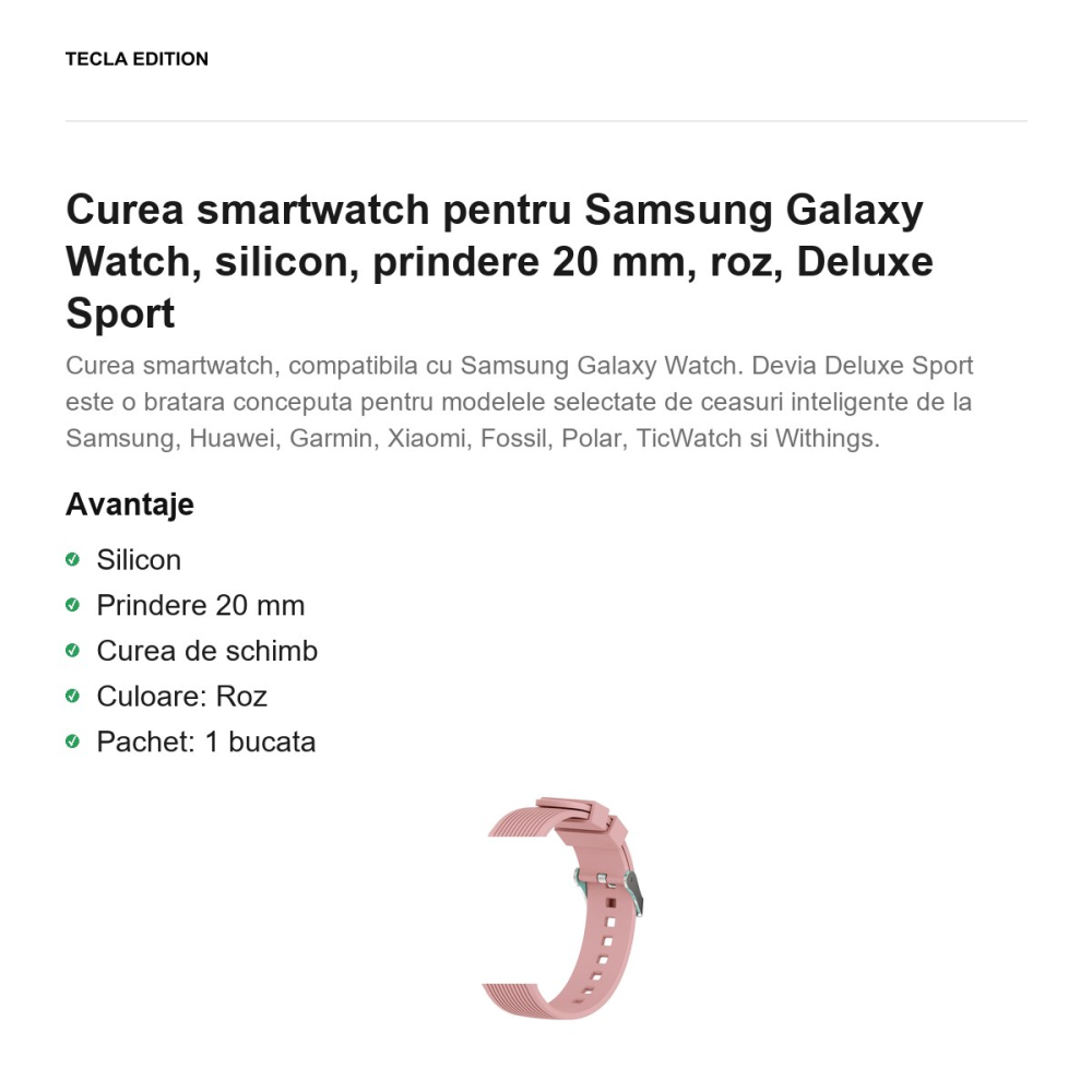 Curea smartwatch pentru Samsung Galaxy Watch, silicon, prindere 20 mm, roz, Deluxe Sport [2]