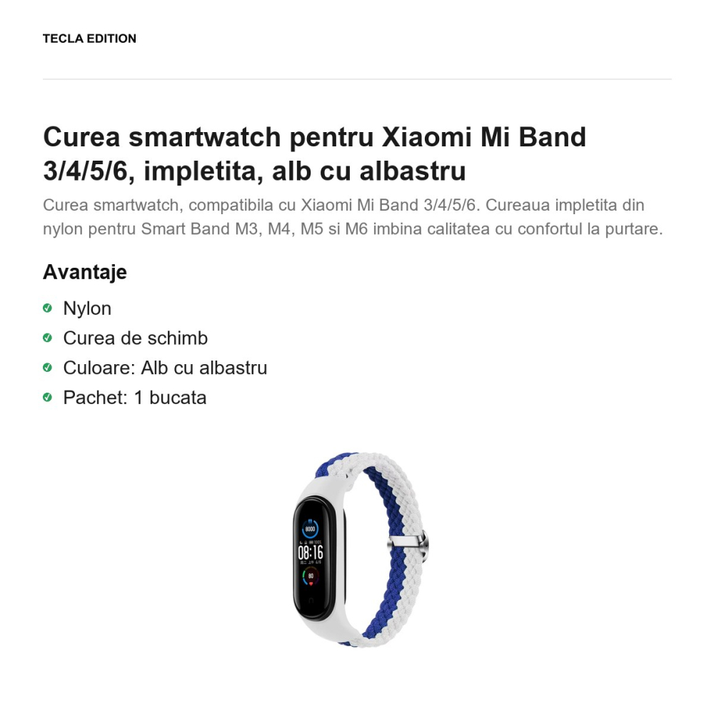 Curea smartwatch pentru Xiaomi Mi Band 3/4/5/6, impletita, alb cu albastru [2]