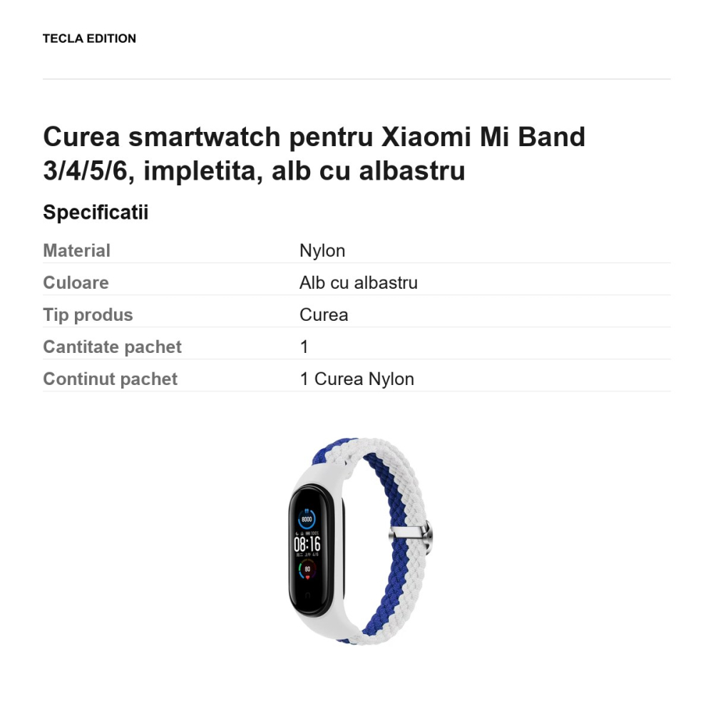 Curea smartwatch pentru Xiaomi Mi Band 3/4/5/6, impletita, alb cu albastru [3]