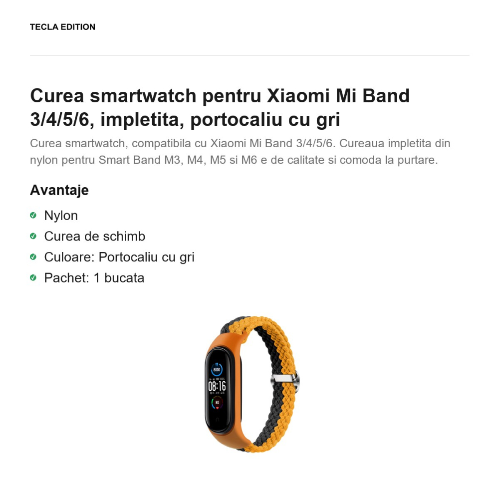 Curea smartwatch pentru Xiaomi Mi Band 3/4/5/6, impletita, portocaliu cu gri [2]