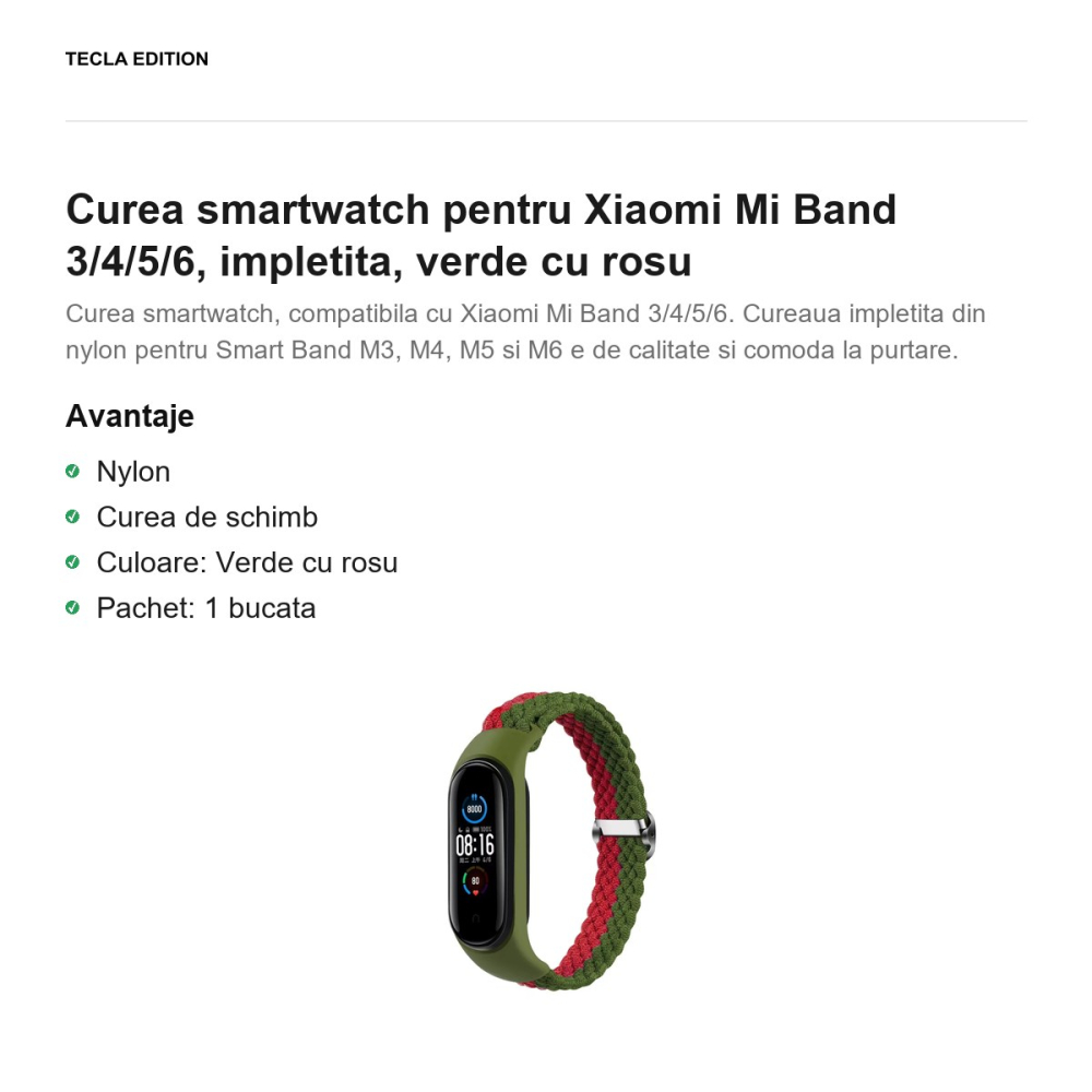 Curea smartwatch pentru Xiaomi Mi Band 3/4/5/6, impletita, verde cu rosu [2]