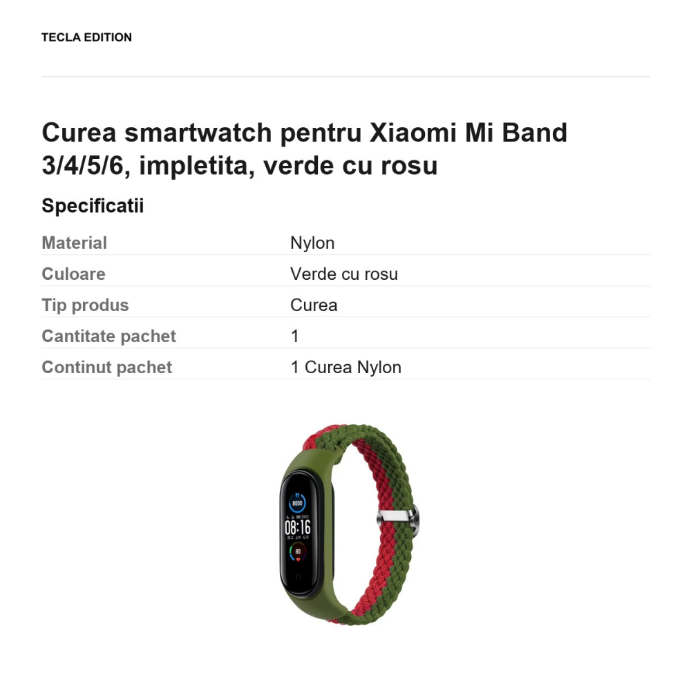 Curea smartwatch pentru Xiaomi Mi Band 3/4/5/6, impletita, verde cu rosu [3]