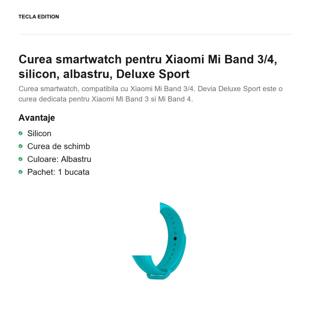 Curea smartwatch pentru Xiaomi Mi Band 3/4, silicon, albastru, Deluxe Sport [2]