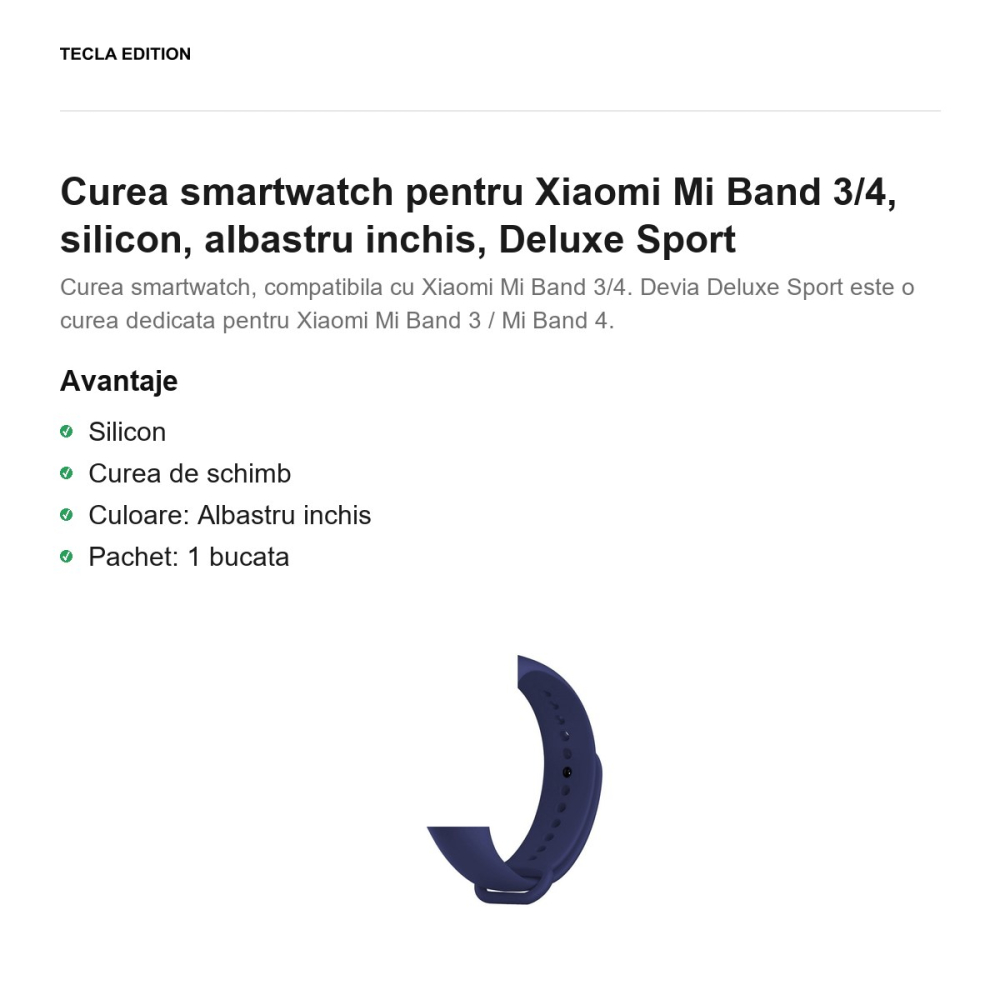 Curea smartwatch pentru Xiaomi Mi Band 3/4, silicon, albastru inchis, Deluxe Sport [2]