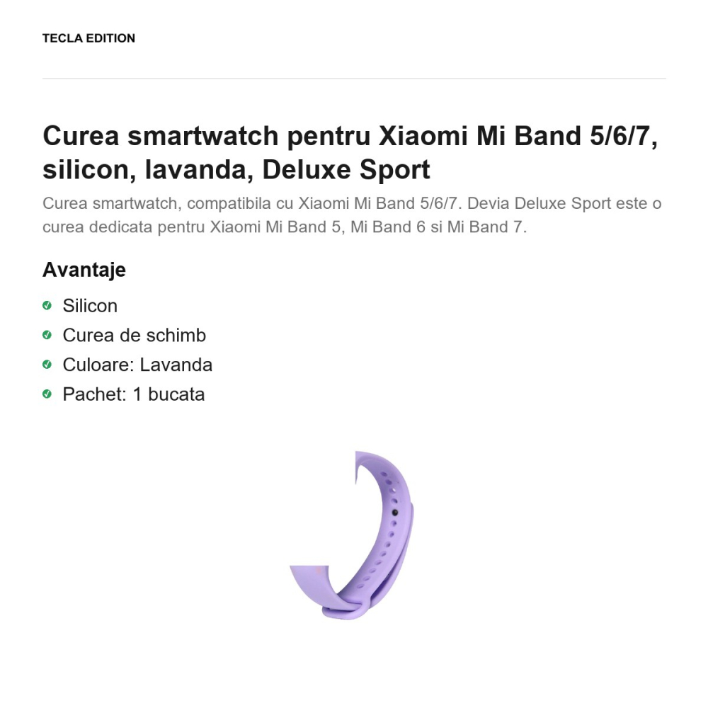 Curea smartwatch pentru Xiaomi Mi Band 5/6/7, silicon, lavanda, Deluxe Sport [2]