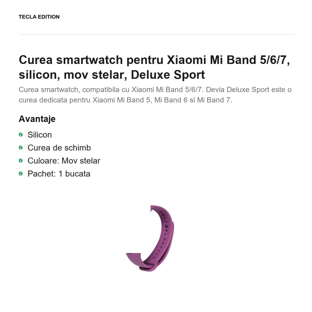 Curea smartwatch pentru Xiaomi Mi Band 5/6/7, silicon, mov stelar, Deluxe Sport [2]