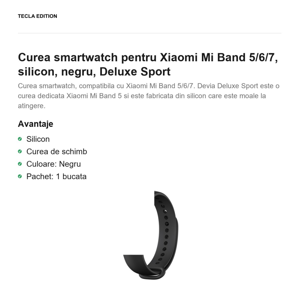 Curea smartwatch pentru Xiaomi Mi Band 5/6/7, silicon, negru, Deluxe Sport [2]