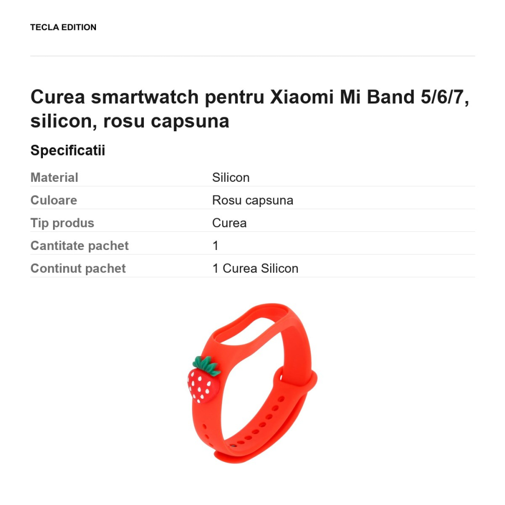 Curea smartwatch pentru Xiaomi Mi Band 5/6/7, silicon, rosu capsuna [3]