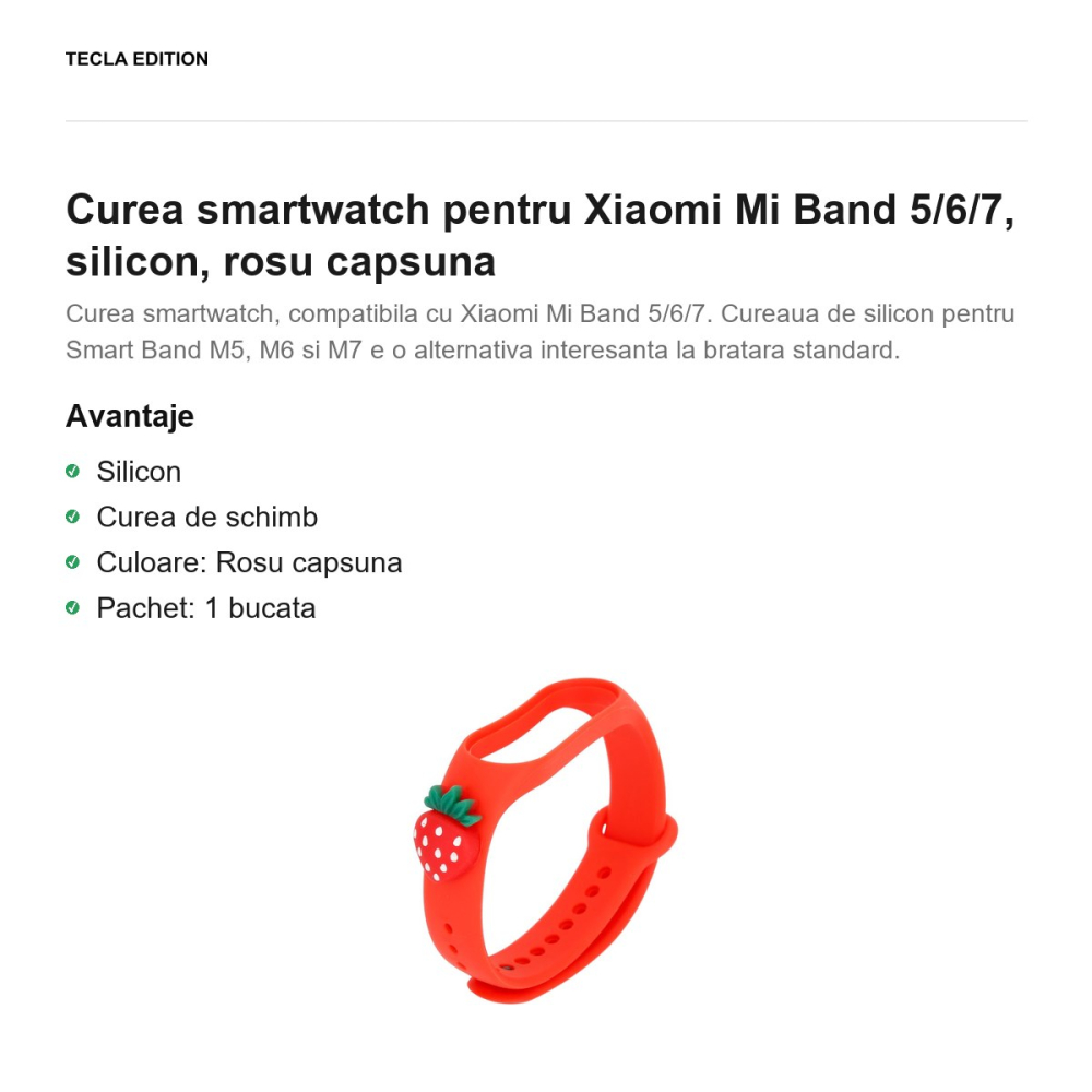 Curea smartwatch pentru Xiaomi Mi Band 5/6/7, silicon, rosu capsuna [2]