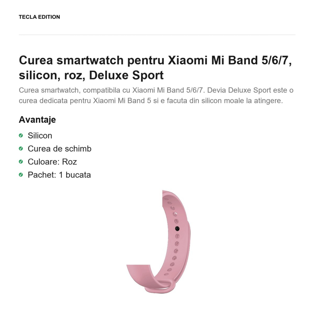 Curea smartwatch pentru Xiaomi Mi Band 5/6/7, silicon, roz, Deluxe Sport [2]