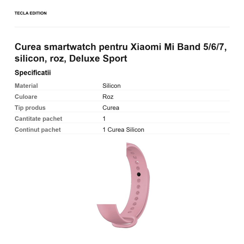 Curea smartwatch pentru Xiaomi Mi Band 5/6/7, silicon, roz, Deluxe Sport [3]