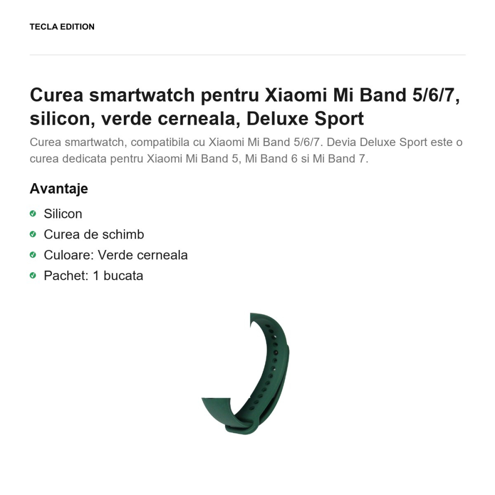 Curea smartwatch pentru Xiaomi Mi Band 5/6/7, silicon, verde cerneala, Deluxe Sport [2]