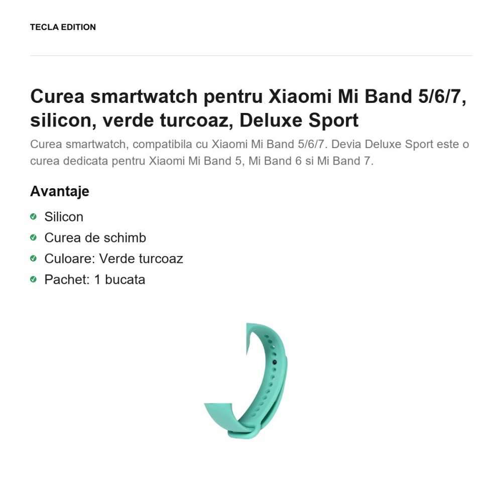 Curea smartwatch pentru Xiaomi Mi Band 5/6/7, silicon, verde turcoaz, Deluxe Sport [2]