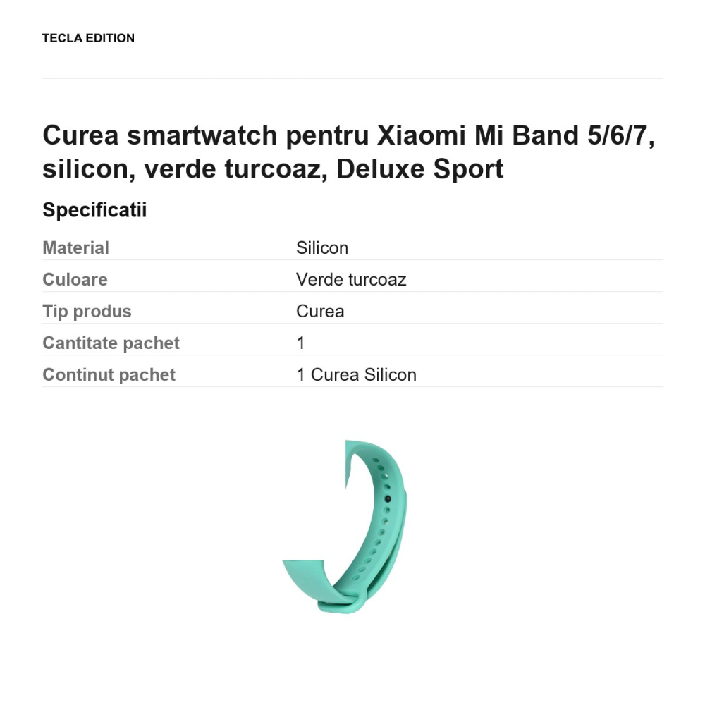 Curea smartwatch pentru Xiaomi Mi Band 5/6/7, silicon, verde turcoaz, Deluxe Sport [3]