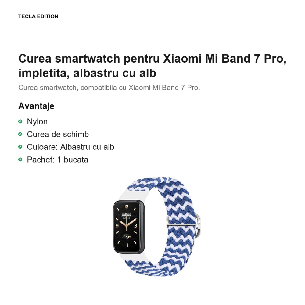 Curea smartwatch pentru Xiaomi Mi Band 7 Pro, impletita, albastru cu alb [2]