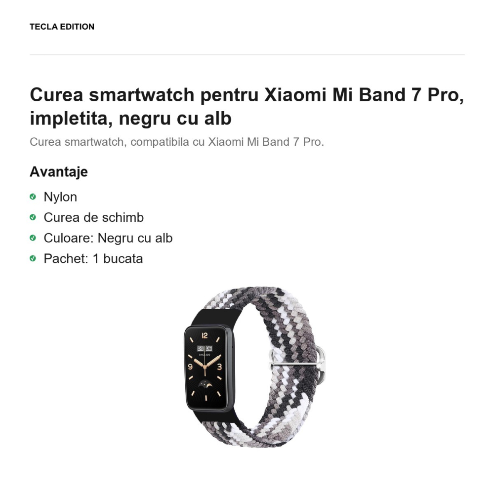 Curea smartwatch pentru Xiaomi Mi Band 7 Pro, impletita, negru cu alb [2]