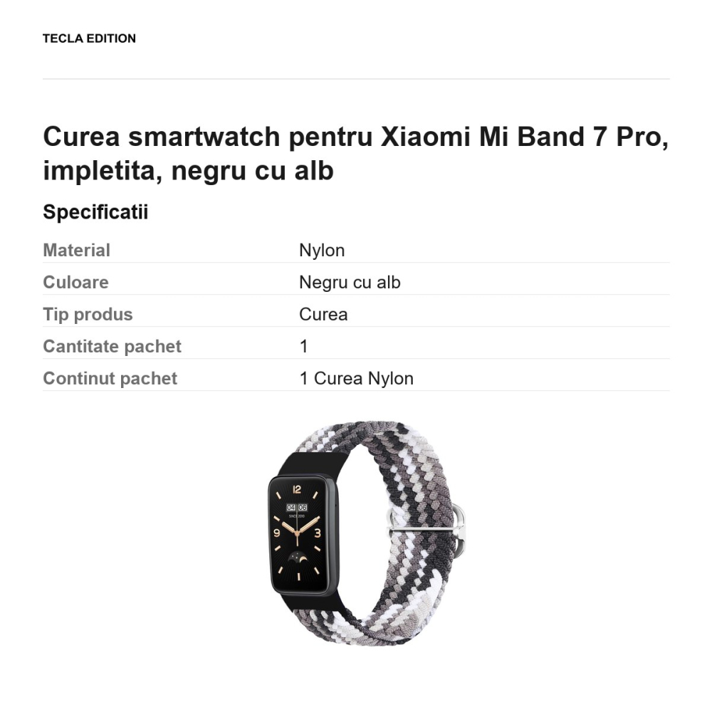 Curea smartwatch pentru Xiaomi Mi Band 7 Pro, impletita, negru cu alb [3]