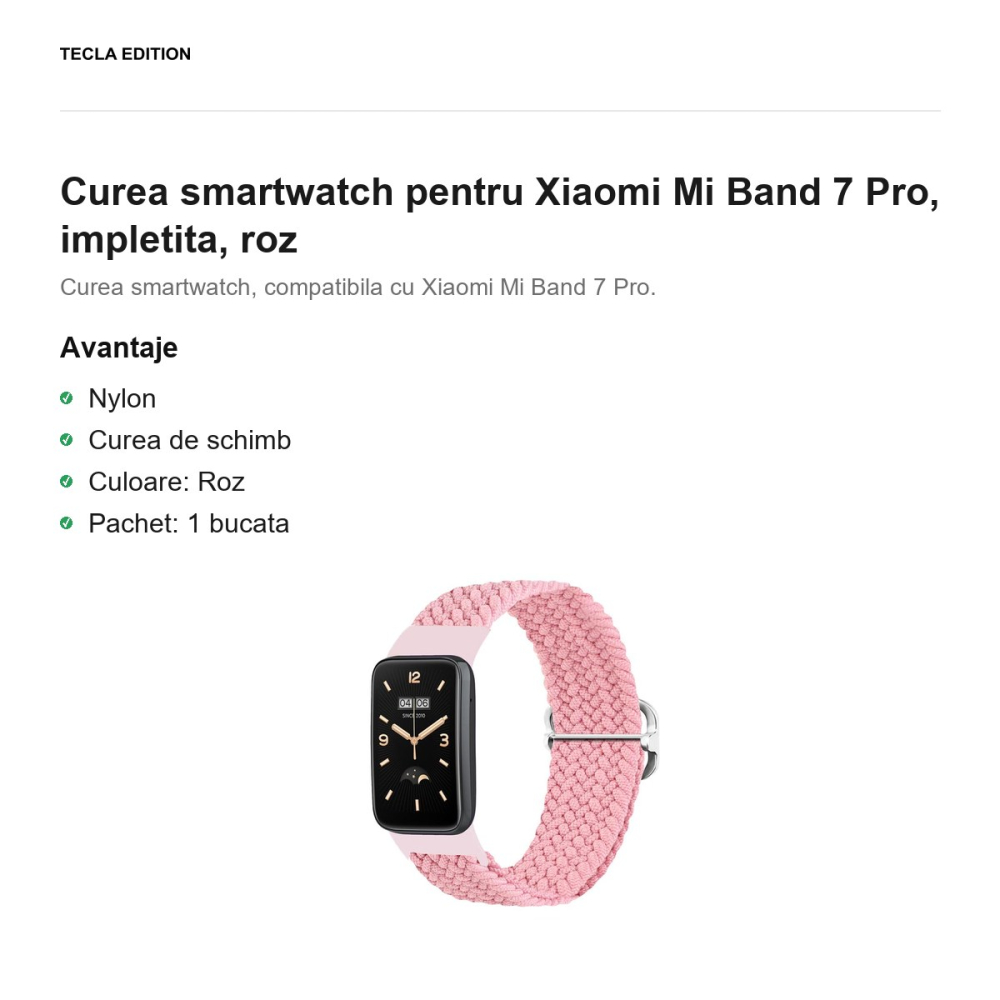 Curea smartwatch pentru Xiaomi Mi Band 7 Pro, impletita, roz [2]