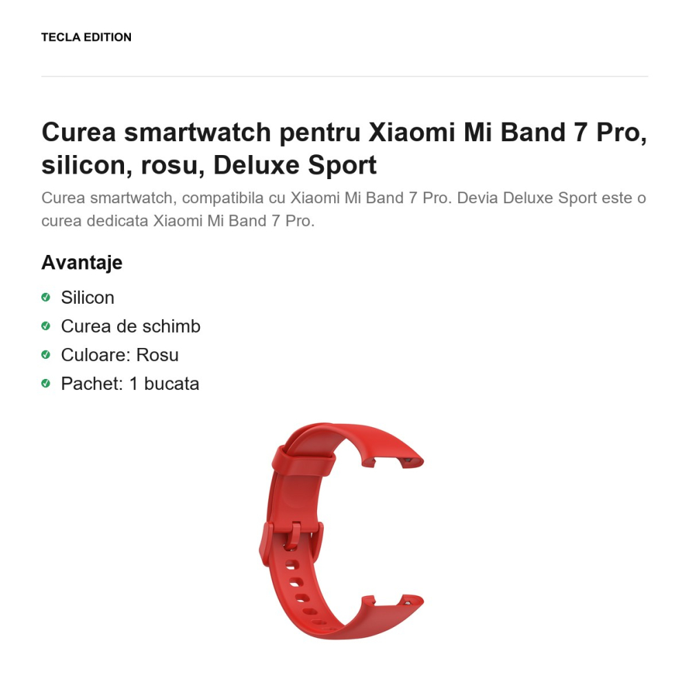 Curea smartwatch pentru Xiaomi Mi Band 7 Pro, silicon, rosu, Deluxe Sport [2]