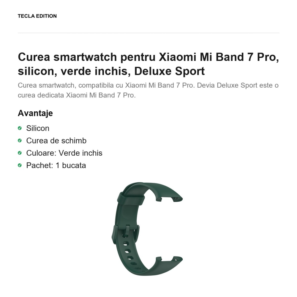 Curea smartwatch pentru Xiaomi Mi Band 7 Pro, silicon, verde inchis, Deluxe Sport [2]
