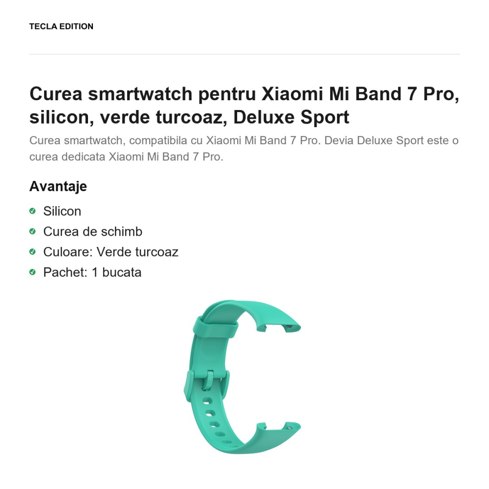 Curea smartwatch pentru Xiaomi Mi Band 7 Pro, silicon, verde turcoaz, Deluxe Sport [2]